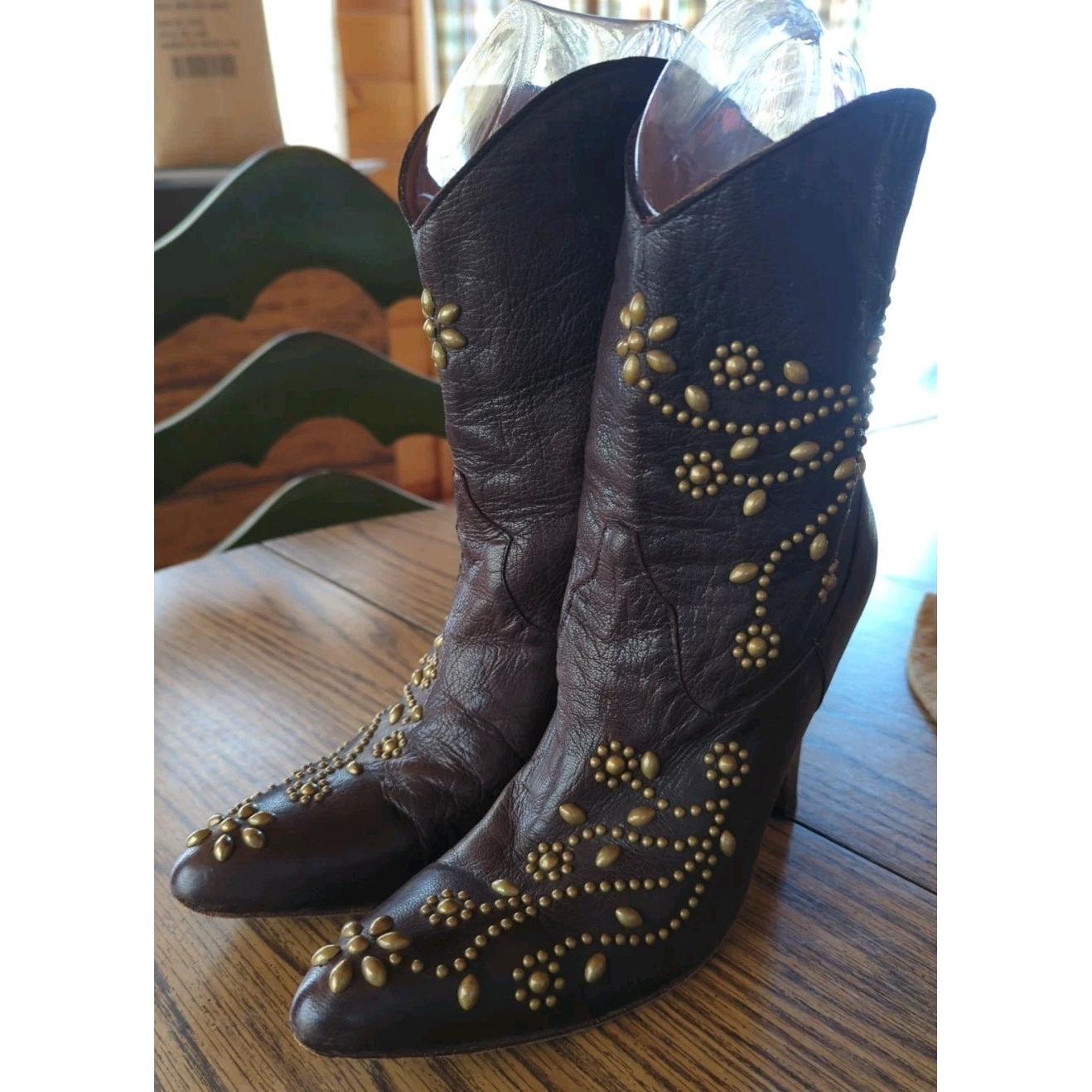 Calleen Cordero Boots Women Size 8 Soft Brown Leather Heavily Gold Tone Studded